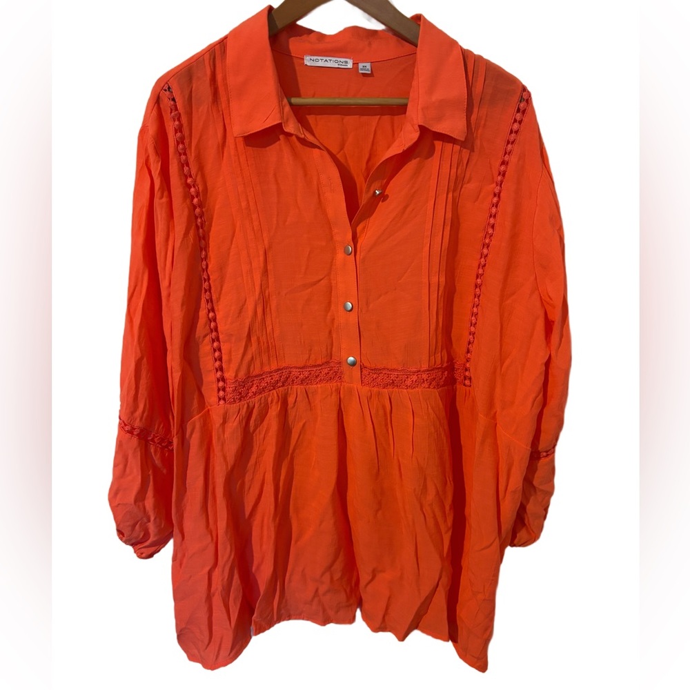 Notations Orange Button Up Blouse With Pintucks A… - image 1